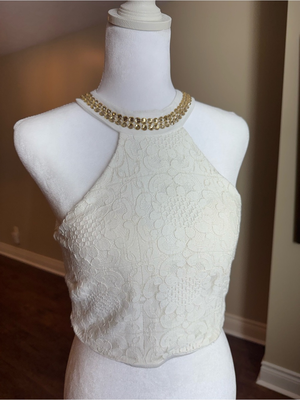 Embellished Ivory Lace Halter Crop Top